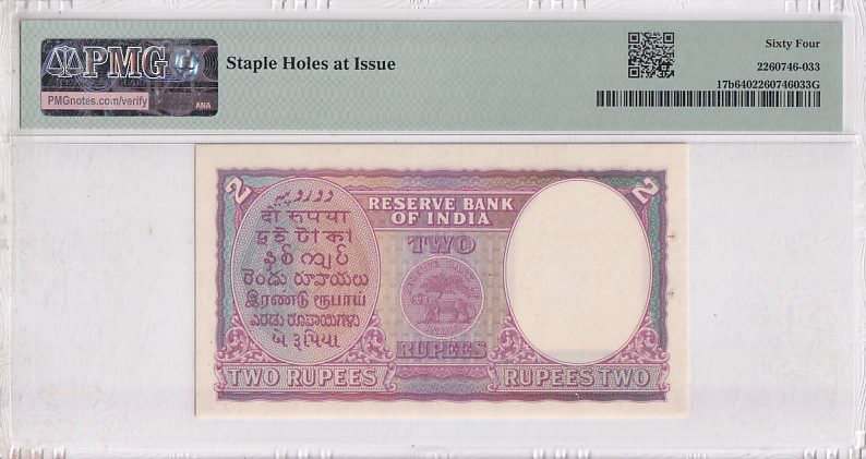 Most Rare British india 2 Rupees king geroge VI Unc 64 PMG Gradaed Note