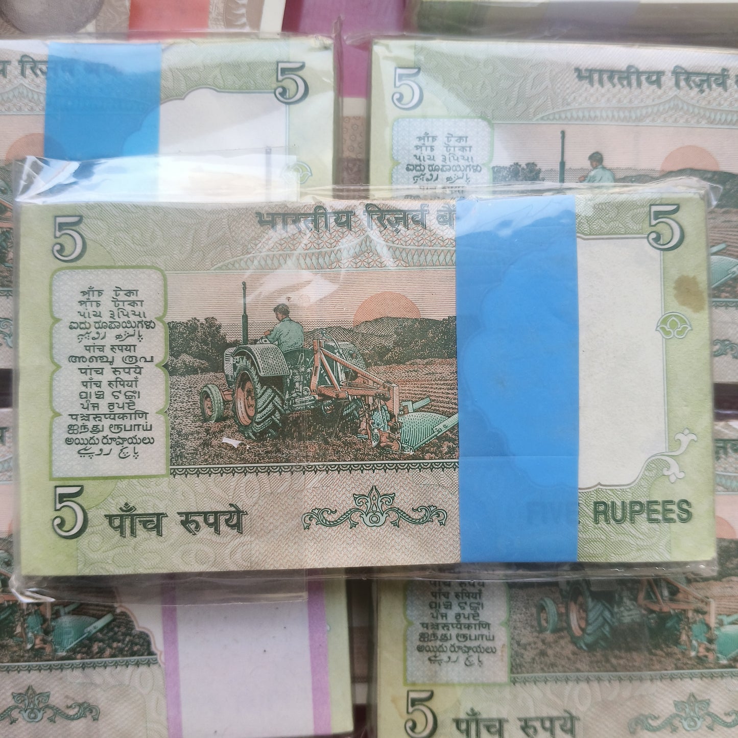 Most Valuable Super Rareš„ 5 Rupee Tractor Issue Bundle Signed By YV Reddy Serial Wise 100 Notes Lowest Price Deal