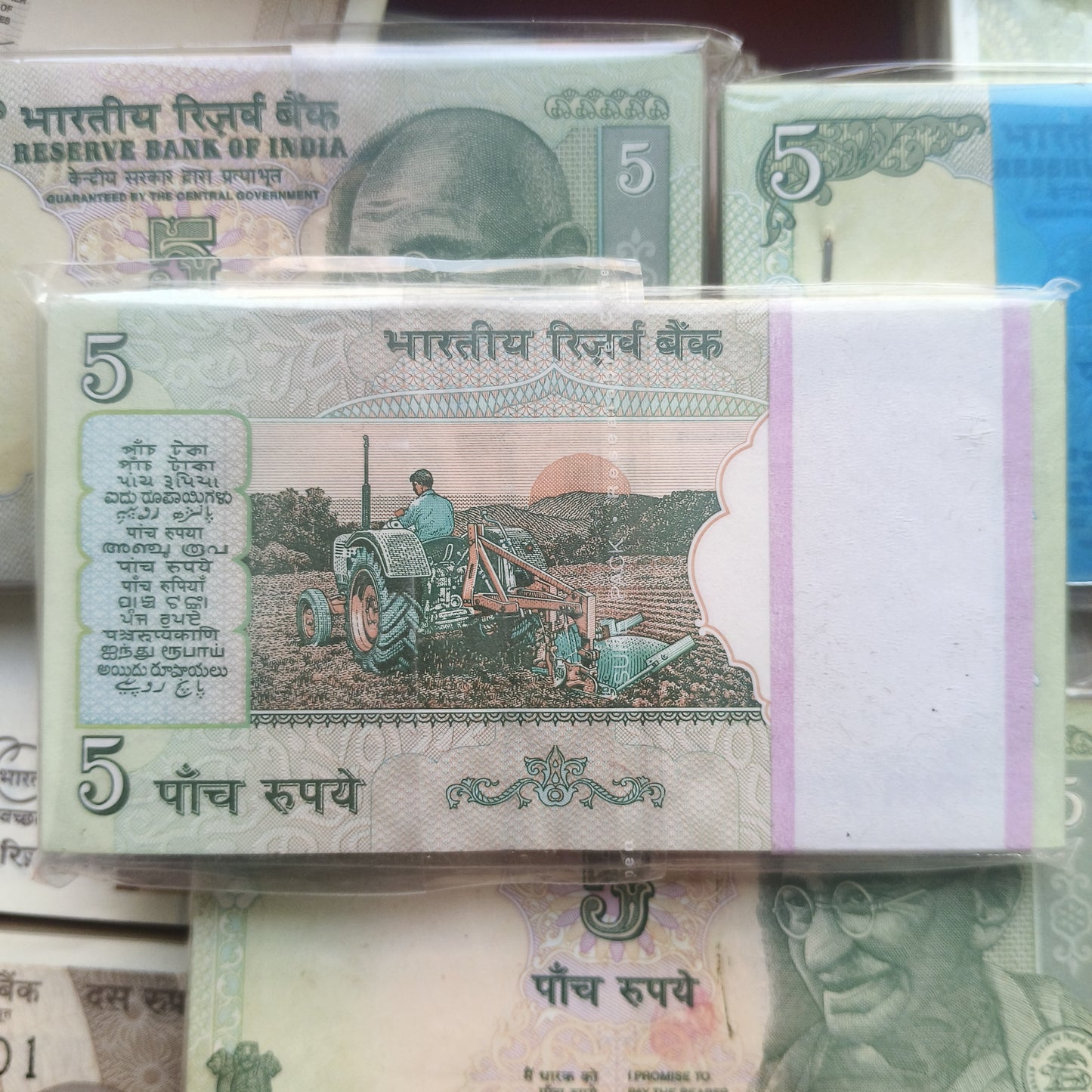 Super Rareš„ 5 Rupee Tractor Issue Bundle Signed By BIMAL JALAN Serial Wise 100 Notes Lowest Price Deal