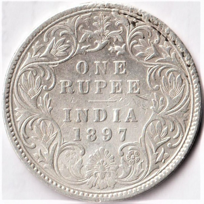 Extremely Rare One Rupee 1897 Bombay Mint B Incuse at Top Victoria Empress Silver British Coin