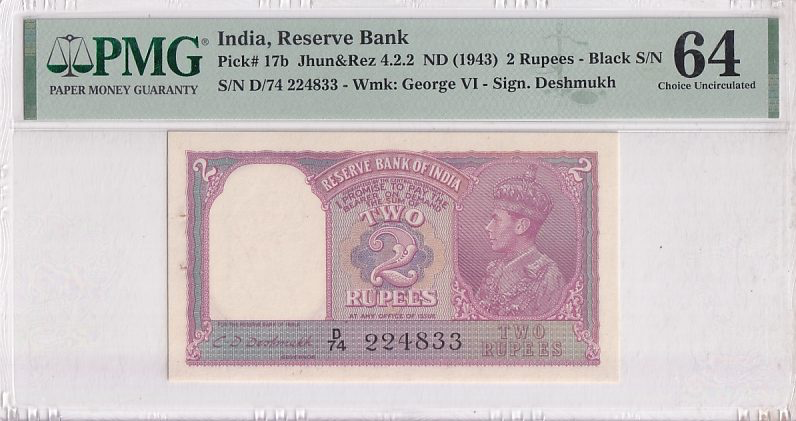Most Rare British india 2 Rupees king geroge VI Unc 64 PMG Gradaed Note