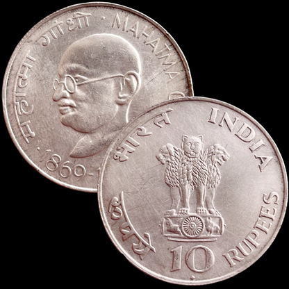 India’s First 10 Rupee Silver Coin of Commemorative issue Centennial Mahatma Gandhi’s Birth Collectible Coin of Republic India Bombay Mint