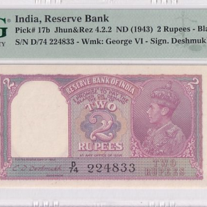 Most Rare British india 2 Rupees king geroge VI Unc 64 PMG Gradaed Note